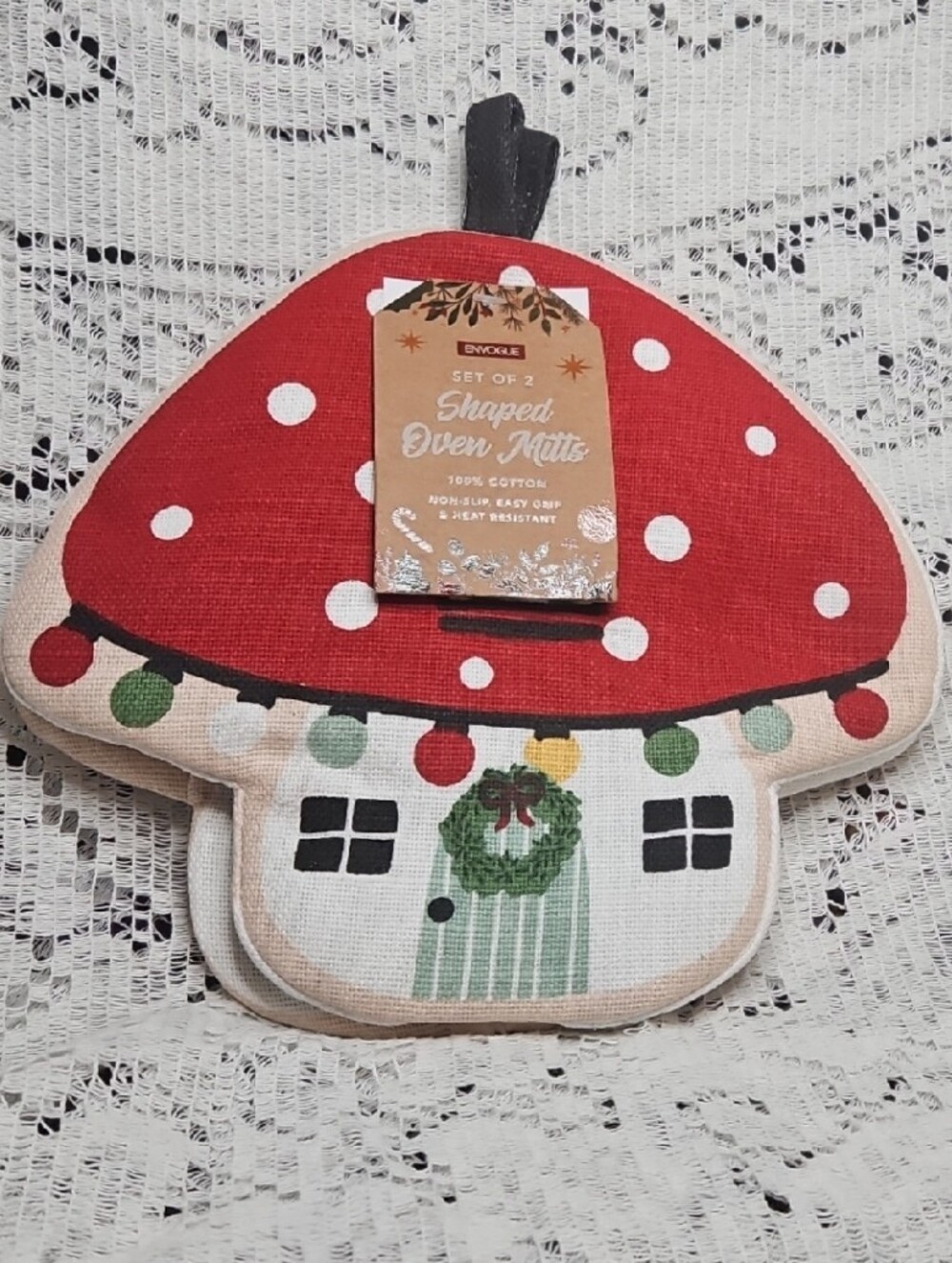 Festive Christmas Red Mushroom House Oven Mitts